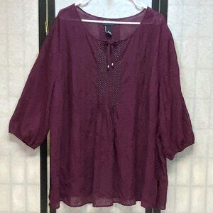 Maggie Barnes ¾ Sleeve Tied V Neck Pintuck Embroidered Blouse Tunic Grape 2XL